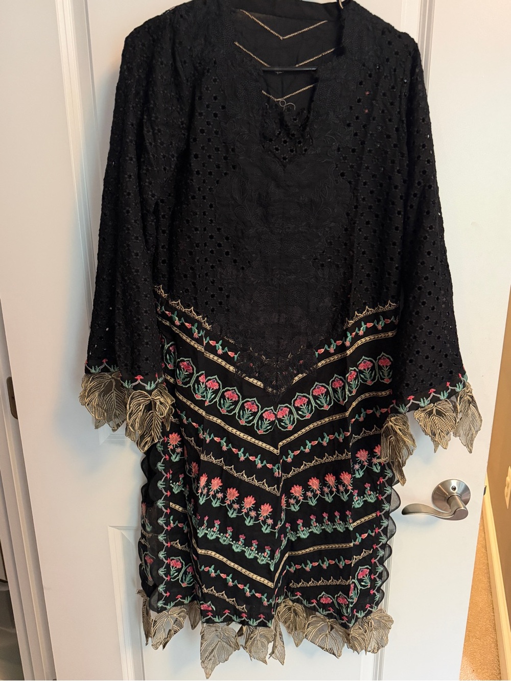Pakistani Shilwar Kameese- Black Floral V-Neck Women’s Dress